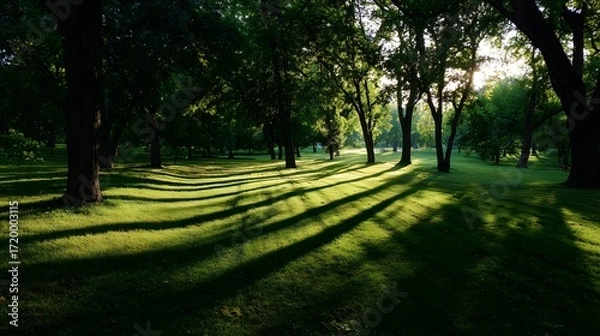 Fototapeta Peaceful Park with Green Grass and Trees in Morning Light