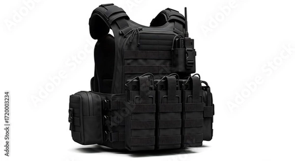 Fototapeta Tactical Black Vest with Pouches and Radio Attachment