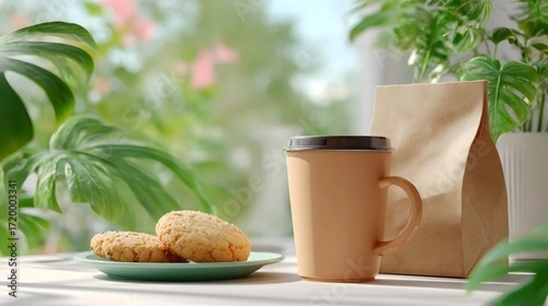 Fototapeta Realistic Coffee Cup and Cookie Mockup for Cafe Branding Design