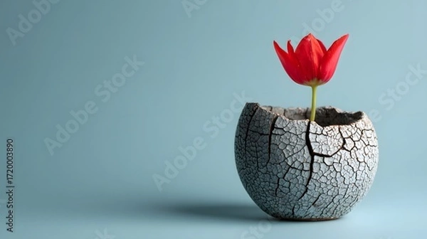 Fototapeta Single red tulip in cracked clay pot with blue background