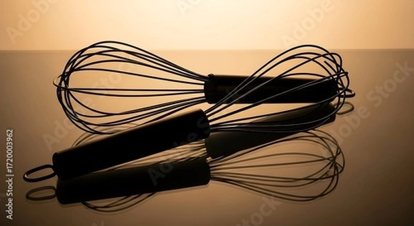 Fototapeta Two Silhouetted Whisks on a Reflective Surface with Warm Backlight