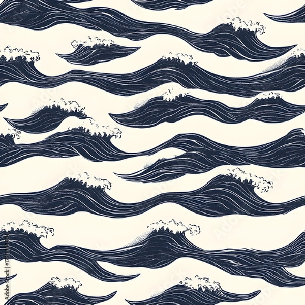 Fototapeta Elegant Japanese inspired seamless wave pattern, featuring indigo blue flowing lines on an off-white background, minimal and timeless design, perfect for textiles, wallpapers, and sophisticated surfac