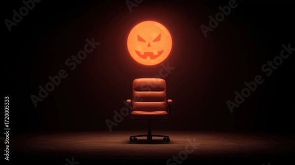 Fototapeta Halloween Boss Buiness Concept, Halloween boss business mood with glowing orange pumpkin head standing with dark spooky background office chair