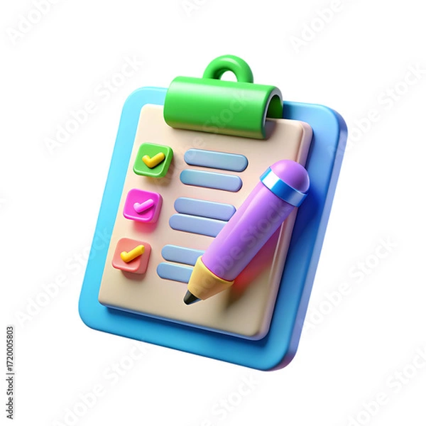 Fototapeta 3d clipboard checklist with colorful icons and pencil for task management and planning transparent background