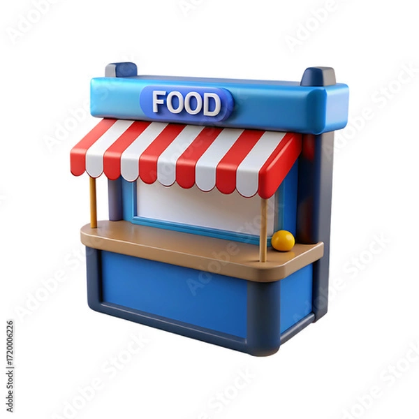 Fototapeta Charming 3d food stand with striped awning and 'food' sign ready for business transparent background