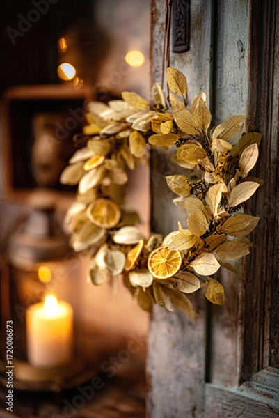 Fototapeta rustic christmas wreath in butter yellow tones made of citrus slices and golden leaves with candlelight festive scene