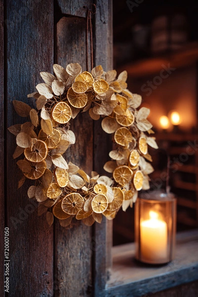 Fototapeta rustic christmas wreath in butter yellow tones made of citrus slices and golden leaves with candlelight festive scene