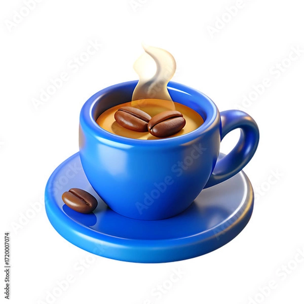 Fototapeta Steaming blue coffee cup with beans and saucer isolated on transparent background transparent background