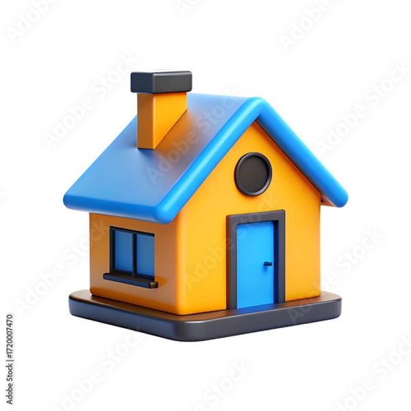 Fototapeta Charming 3d cartoon house with blue roof and yellow walls for your design projects transparent background