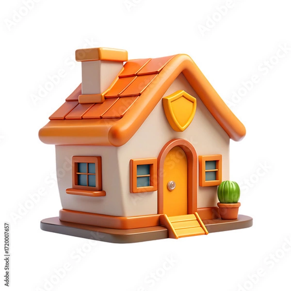 Fototapeta Charming 3d cartoon house with orange roof and yellow door ideal for projects transparent background