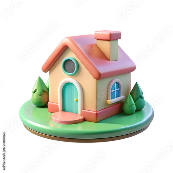 Fototapeta Charming 3d cartoon house with greenery and red roof design transparent background
