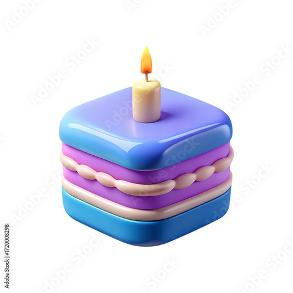 Fototapeta 3d rendered square layered birthday cake with single candle burning bright transparent background