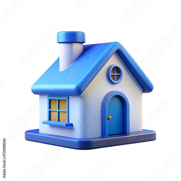 Fototapeta Charming 3d rendered blue and white house icon with a chimney transparent background