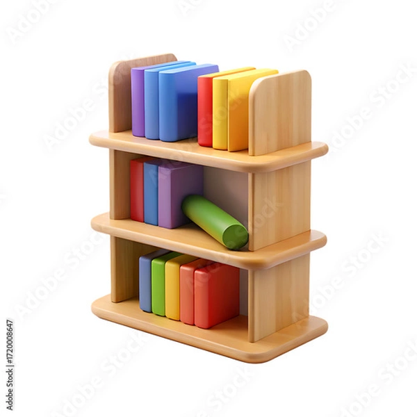 Fototapeta Colorful bookshelf with wooden shelves and rainbow book collection transparent background