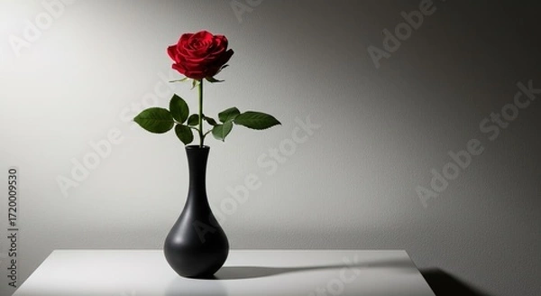 Fototapeta A red rose in a black vase on a white surface table