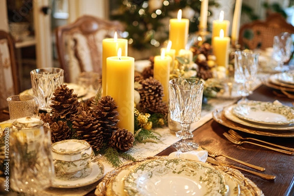 Fototapeta elegant christmas dinner table with butter yellow candles crystal glasses porcelain and pinecones festive scene