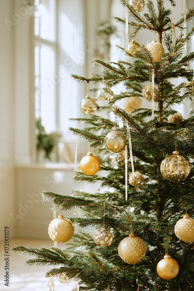 Fototapeta elegant christmas tree with butter yellow ornaments and ribbons glowing in minimalist room under soft daylight