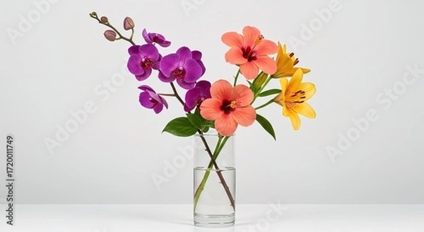 Fototapeta Assorted flowers in a clear glass vase on white background