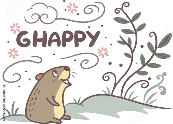 Obraz Vector art of cute cartoon groundhog with text ghappy and floral elements