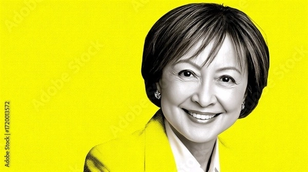Fototapeta vibrant illustration portrait of a smiling professional woman of East Asian descent. Her business casual attire and confident expression stand out against a bright, clean primary yellow background. 