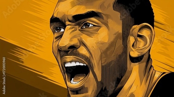 Fototapeta engaging illustration portrait of a happy, expressive man of African descent, shown mid-laugh. The image is full of life and positive energy, set against a dynamic, bold primary orange background 