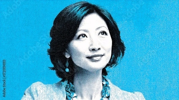Fototapeta classic illustration portrait of a composed, professional woman of Asian descent, with a look of calm focus. Her neat hair and elegant clothing are highlighted against a simple, sophisticated 