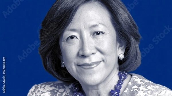 Fototapeta classic illustration portrait of a composed, professional woman of Asian descent, with a look of calm focus. Her neat hair and elegant clothing are highlighted against a simple, sophisticated 