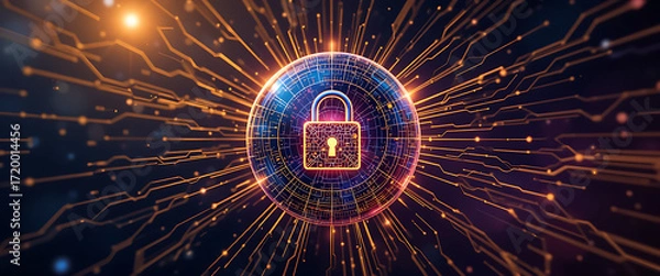 Fototapeta Cybersecurity sphere with 4D lock embedded in its core, radiating golden beams on deep navy background, golden and purple glowing lauer around the lock,