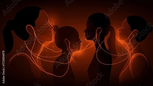 Fototapeta stylized illustration portrait of a multiethnic team of four office workers, with each person's profile facing a different direction but with glowing lines connecting them at the center. The 