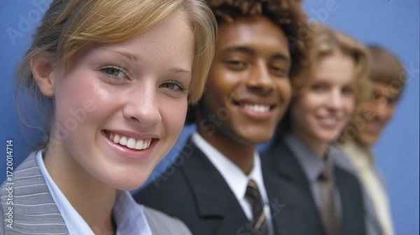 Fototapeta portrait of a confident multiethnic team of young professionals in formal office attire, standing side by side against a solid blue background, smiling directly at the camera corporate diversity, 
