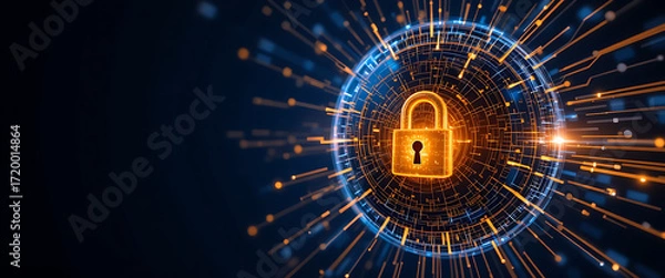 Fototapeta Cybersecurity sphere with 4D lock embedded in its core, radiating golden beams on deep navy background, golden and purple glowing lauer around the lock,