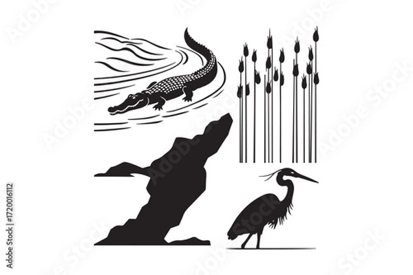 Fototapeta Alligator and heron in a marshy wetland scene