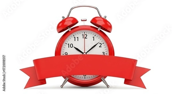 Fototapeta Red Alarm Clock with Blank Ribbon Banner on White Background