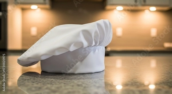 Fototapeta White Chef's Hat Resting on a Polished Countertop in a Kitchen