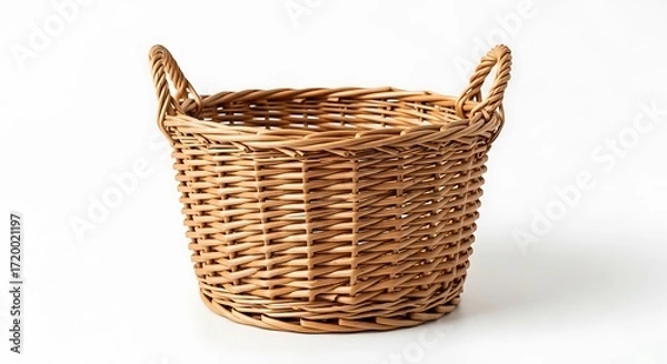Fototapeta Woven Wicker Basket with Twisted Handles on White Background