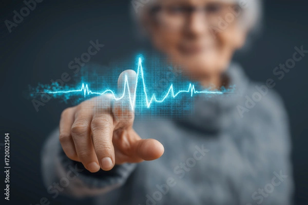Fototapeta A Senior Woman's Finger Interacting with a Blue Digital Holographic Heartbeat Pulse