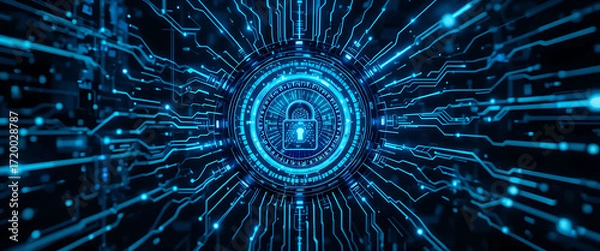 Fototapeta Cyber lock shield with rotating 4D layers of encryption, luminous cyan beams cutting through darkness