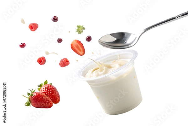 Obraz yogurt cup floating in air with spoon dreamy morning delight