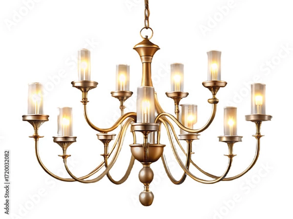 Fototapeta Ornate Golden Chandelier with Frosted Glass Shades light lighting isolated on a transparent background