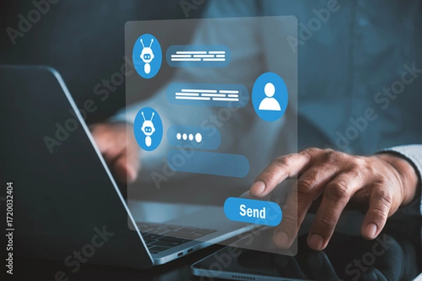 Fototapeta AI Chatbot Conversation and Virtual Assistance Technology, A futuristic digital interface showing a chatbot conversation between artificial intelligence and a user. 