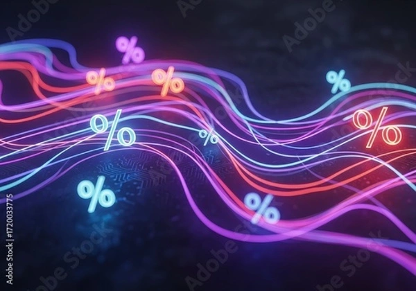 Obraz Futuristic Neon Waves Carry Glowing Percentage Signs in a Dynamic Data Stream.