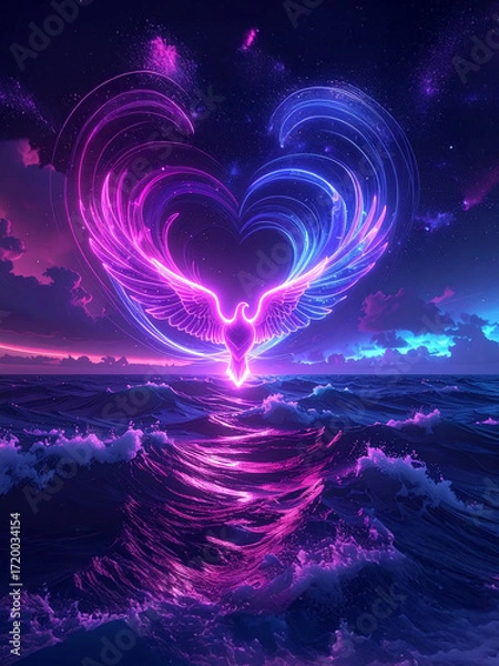 Fototapeta A neon phoenix forms a heart shape over ocean waves at night. The image captures themes of love, rebirth, fantasy, and digital art.