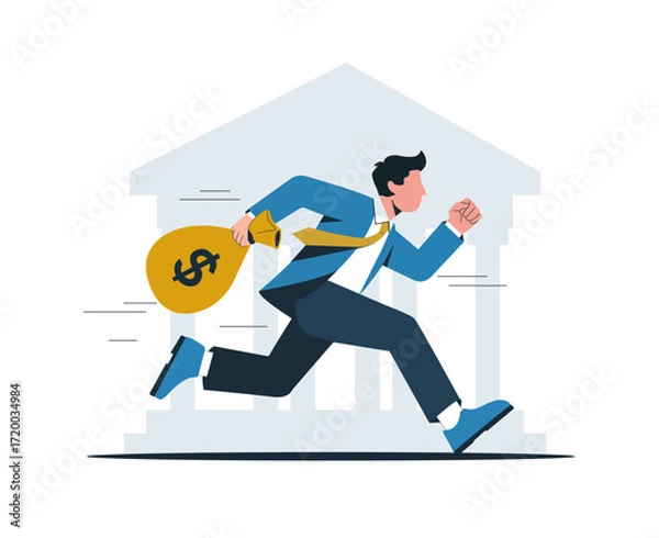 Fototapeta Businessman running with a large money bag with a black dollar sign symbol. Bank robbery concept. Corruption and fraud.