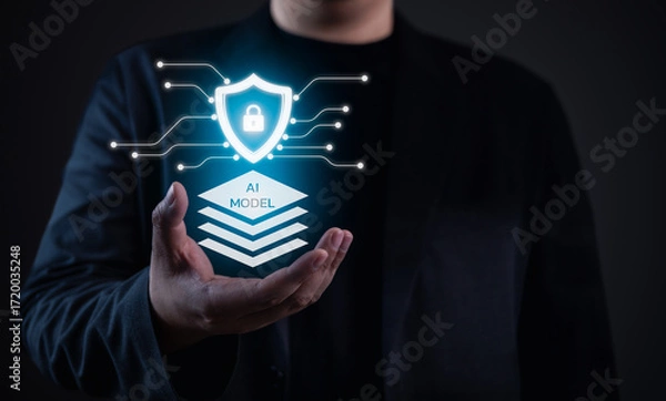 Fototapeta Secure AI model protection concept with digital shield and neural circuits floating above hand.