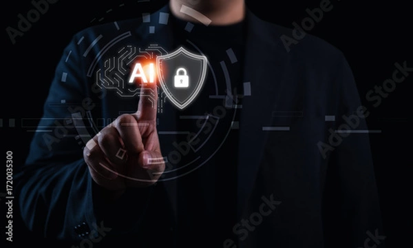 Fototapeta Secure AI model protection concept showing businessman interacting with digital interface, symbolizing cybersecurity, data privacy, and artificial intelligence technology integration.