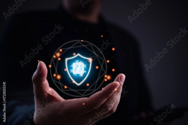 Fototapeta Secure AI model protection concept with shield icon and digital particles floating above hand, focusing on artificial intelligence safety, cybersecurity, and modern data protection.