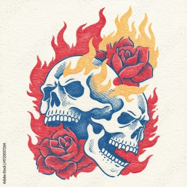 Fototapeta Flaming skulls with roses