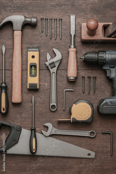 Fototapeta Variety of tools on wooden background. Top view with copy space