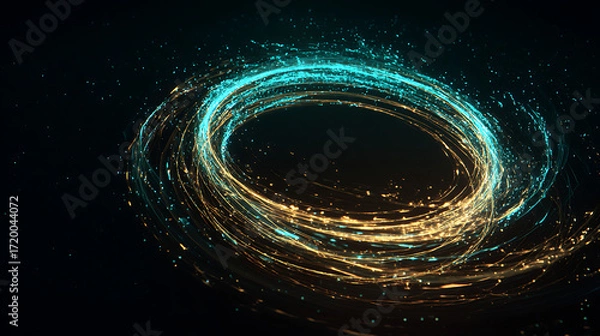 Obraz Abstract glowing energy ring with blue and golden particles, futuristic vortex background