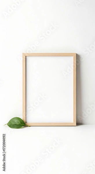 Fototapeta Empty Natural Wood Frame Leaning on White with a Green Leaf
